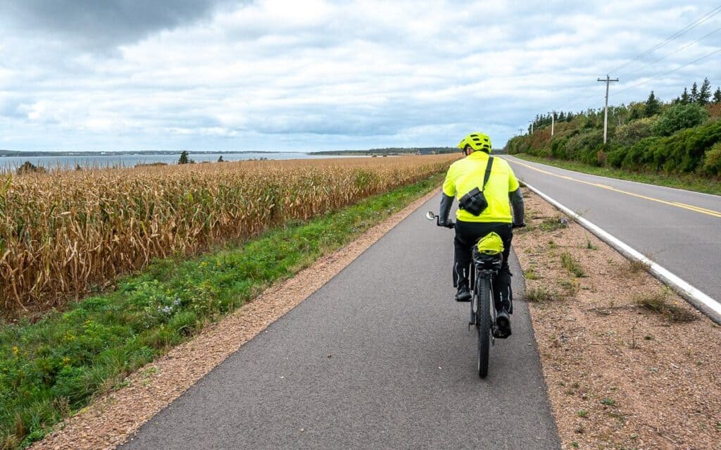 Easy biking on a multi-use trail between St. Peter's Bay and the trailhead to Greenwich Beach in Prince Edward Island National Park