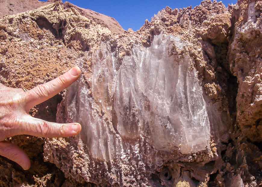 Close up of a rock formation containing salt crystals