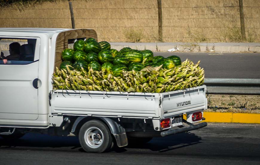 The Mendoza to Santiago bus as it gets close to Santiago and the load of watermelon on the a truck