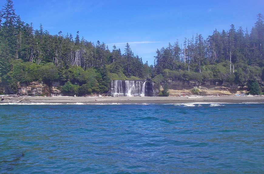 The Tsusiat Falls campsite from the water – it’s one of the busiest