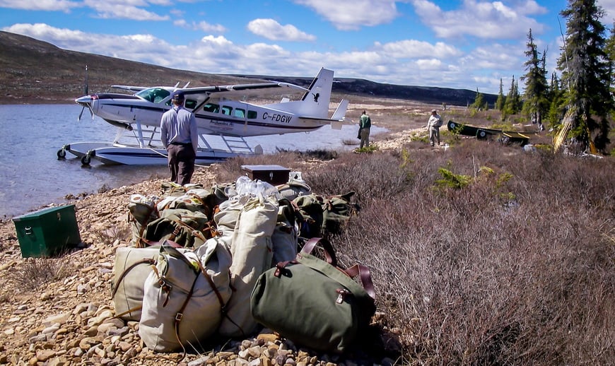 Getting gear sorted after our float plane trip in from Fort Smith