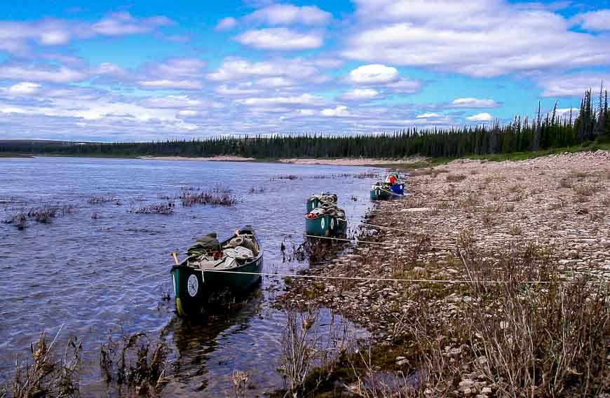 Canoes tied off for a lunch break