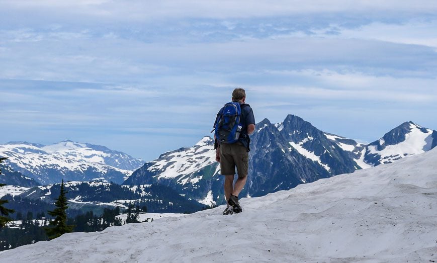Hiking to Elfin Lakes via a snowfield in late August