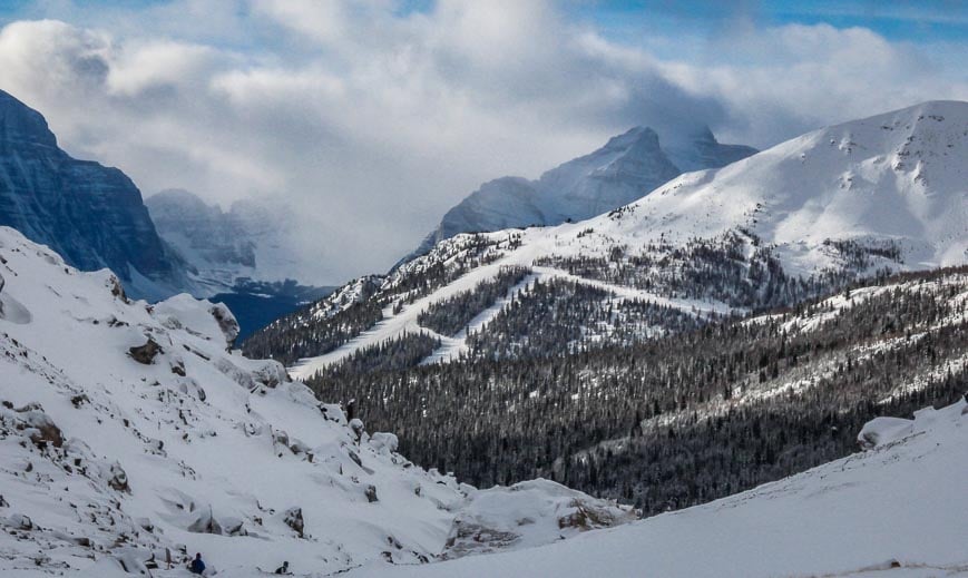 Snow covered boulders at Boulder Pass (skiing out and looking towards Lake Louise)