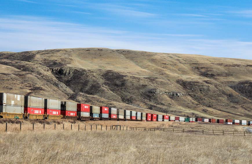 Trains that seem to stretch forever pass through the park with some frequency