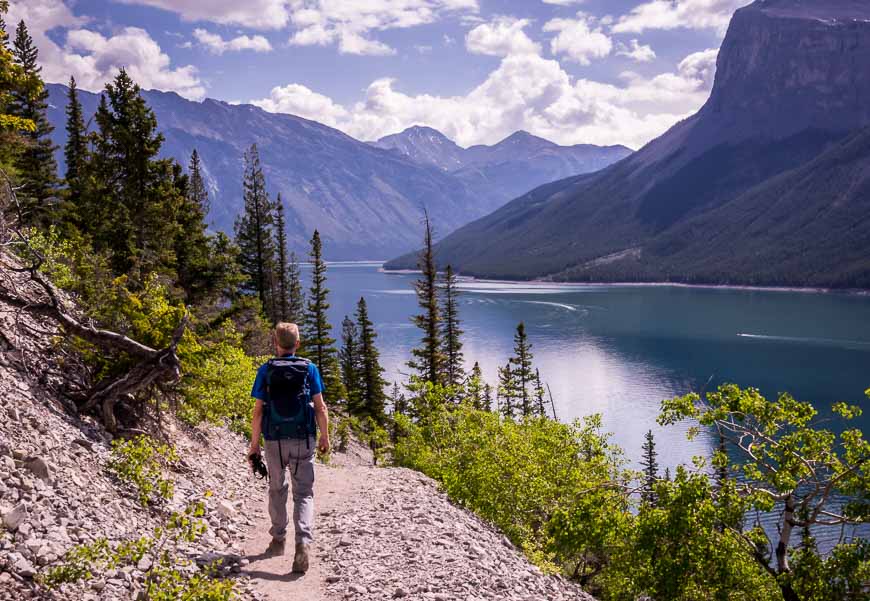 One of the excellent beginner backpacking trips is the Lake Minnewanka Shoreline trail
