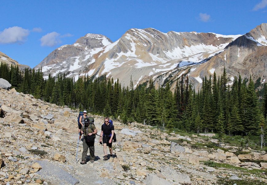 Coming out of the trees at the far end of the trail – since we had started at the Stanley Mitchell Hut