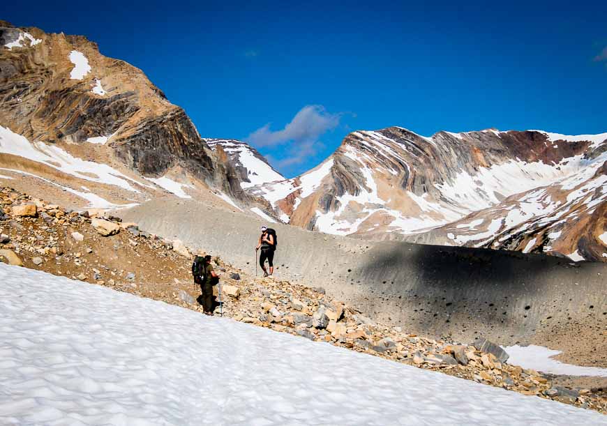 Crossing snowfields at the far end of the Iceline Trail - but coming at it from the Stanley Mitchell Hut