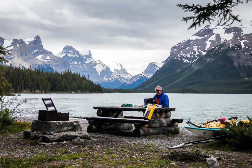 Lunch at the Sampson picnic area - a break from kayaking Maligne Lake