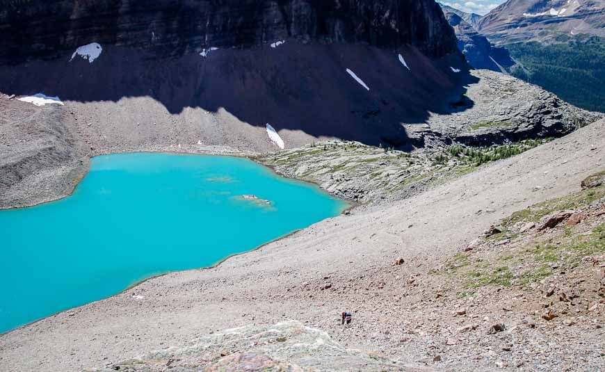 The hike to Abbott Pass takes you on a trail across the easy scree above Lake Oesa