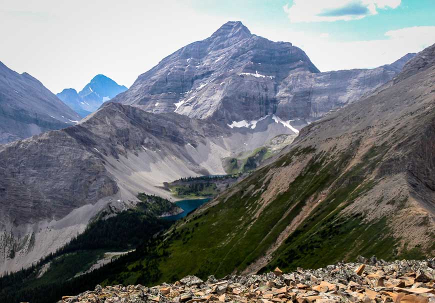 Galatea (upper lake) and Lillian Lakes can be seen from the shoulder of Mount Kidd