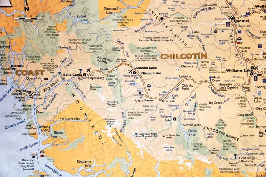 Map of Highway 20 to Bella Coola