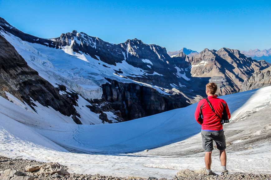 Jordan admiring the glacier views and the so called Death Trap from Abbott Pass