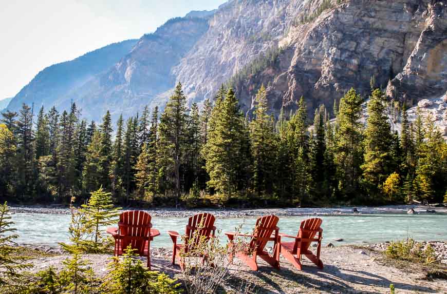 Chairs overlooking the Kicking Horse River at Cathedral Mountain Lodge