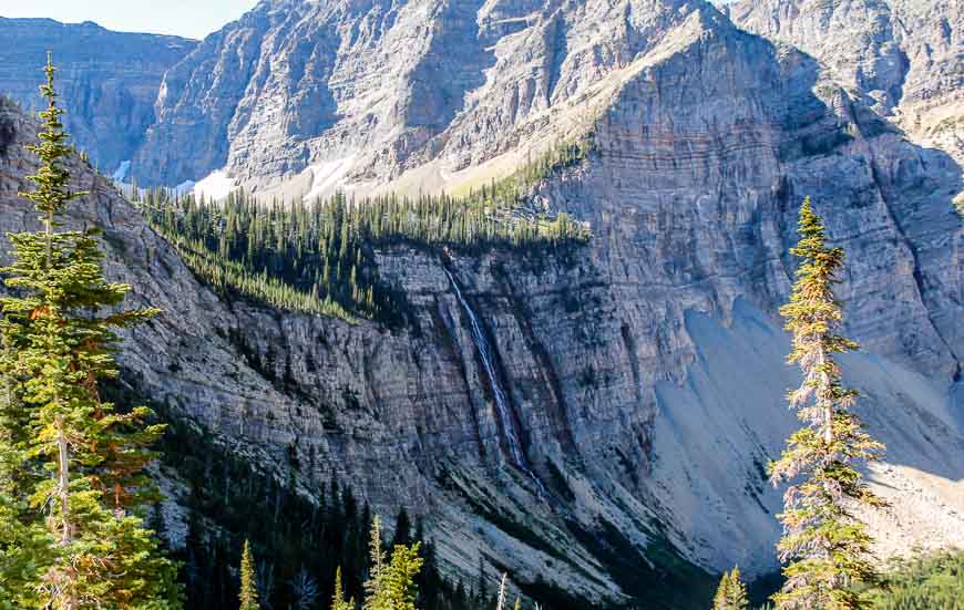 Crypt Falls is a horsetail waterfall and the last one you see on the way up to Crypt Lake