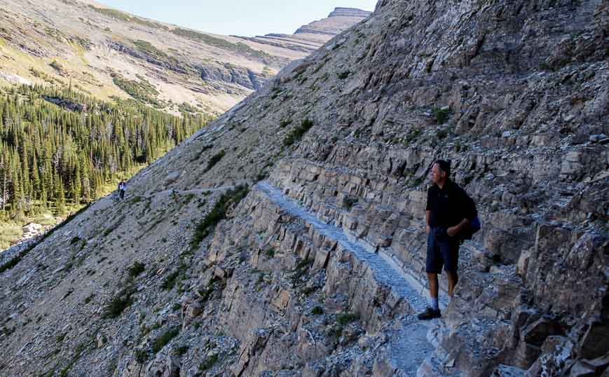 Crossing a narrow scree slope on route to the ladder