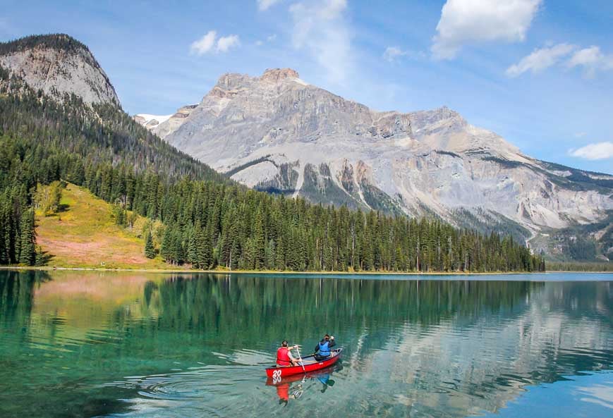 Canoeing in a red canoe down the length of Emerald Lake