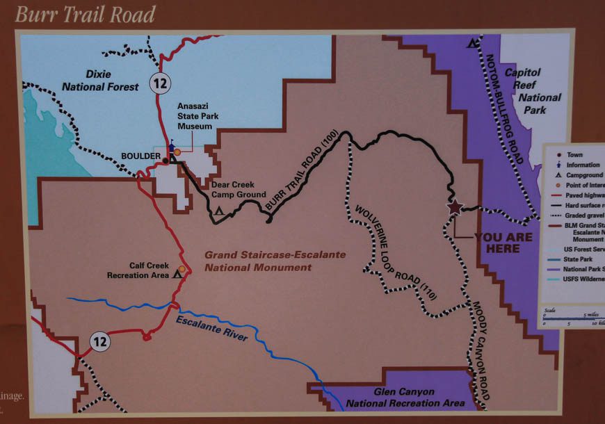 Location map of the Burr Trail in relation to Boulder, Utah