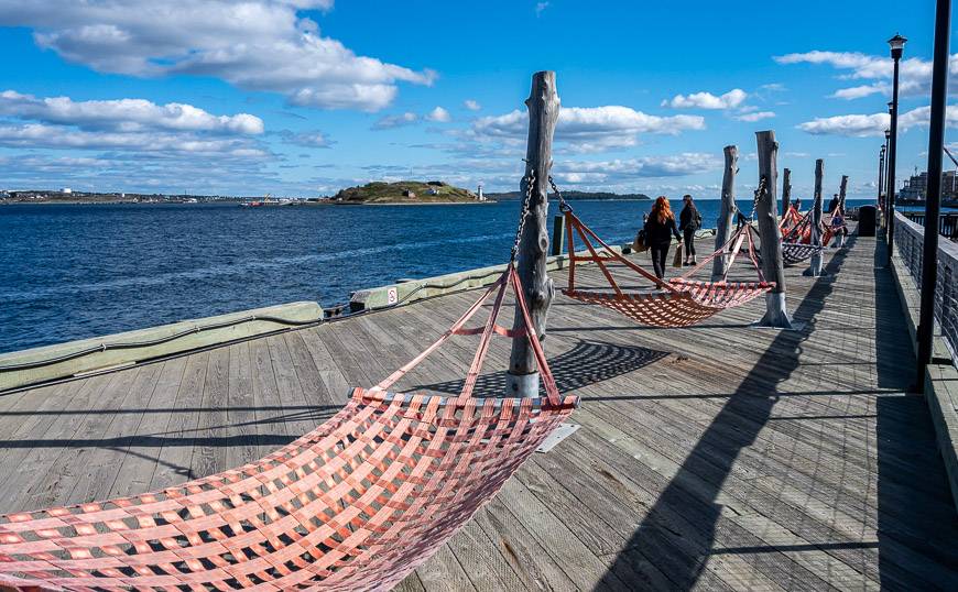 The Halifax Waterfront is a colourful place to walk and hang out literally in these hammocks 