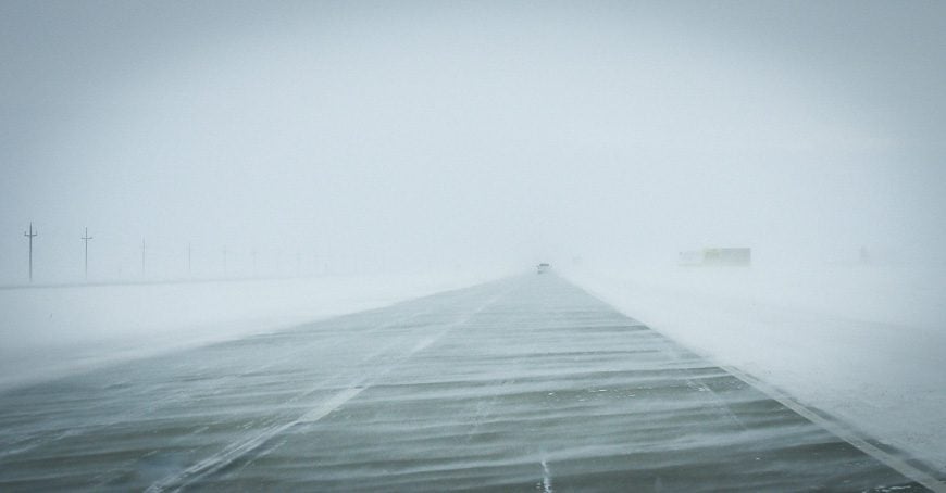 The Trans-Canada Highway under less than ideal conditions heading east out of Winnipeg