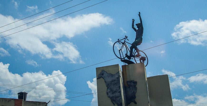 A statue I believe is of Santiago Botero - a mountains winner in the Tour du France in 2000