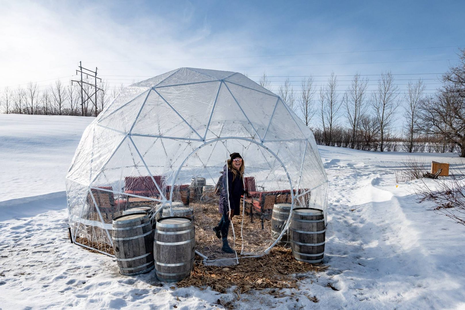 Things to do in Saskatoon in winter include sipping whiskey in the geodesic dome at Black Fox Farm & Distillery