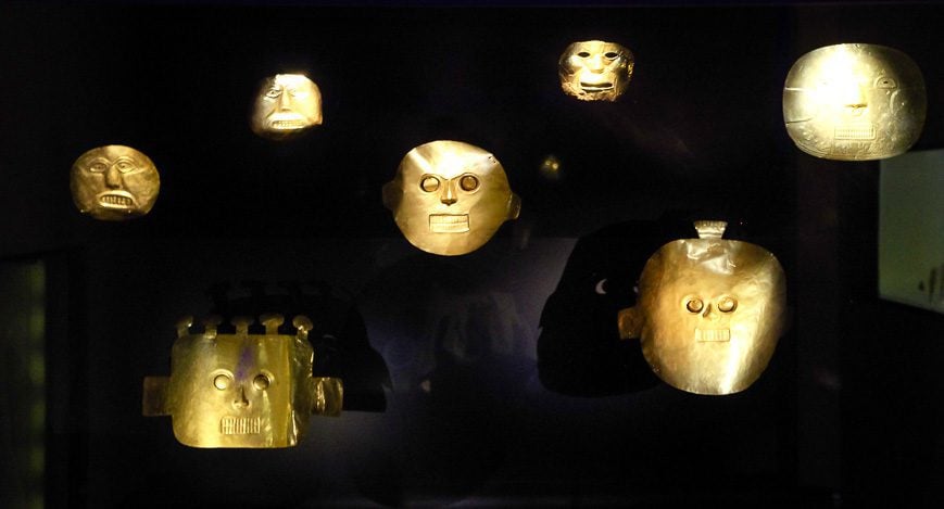 Masks beautifully lit up at the Museo del Oro