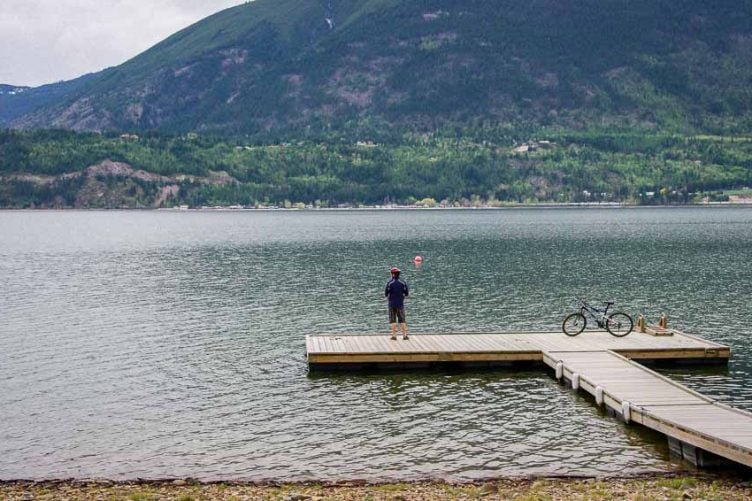 The start of the bike ride beside a dock on Shuswap Lake