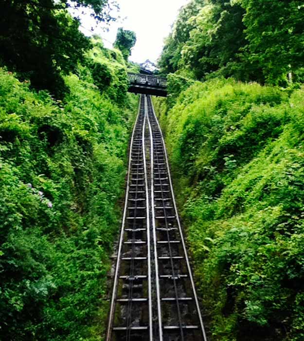 You have a choice - wait for the funicular or zigzag your way up this steep slope; the town of Lynmouth is at the bottom, Lynton is at the top