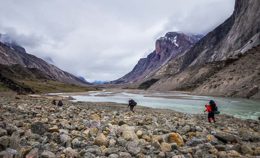 Heading for the Mt. Thor basecamp. Mt Thor has the highest vertical face of any mountain in the world - 1675 metres