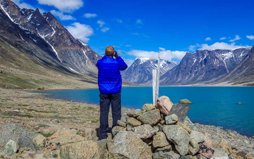 Backpacking Auyuittuq National Park with John by the cairn marking the start of the trail