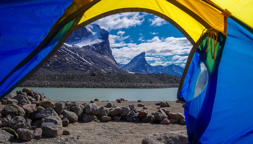 Baffin Island backpacking with a view out our tent window at Summit Lake