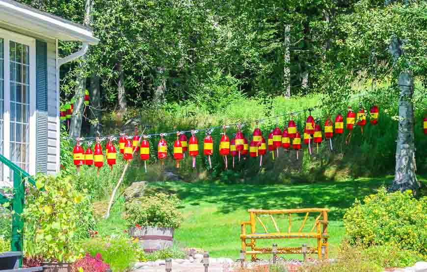 Buoys strung up on a clothesline