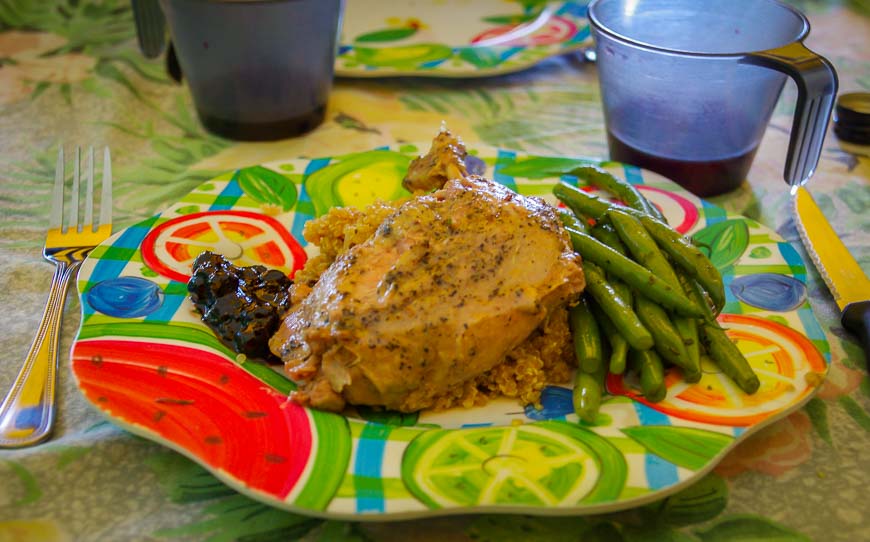 Dinner is duck confit on a bed of quinoa - with red wine as an accompaniment