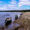 Canoes tied off for a lunch break on the Thelon River, NWT