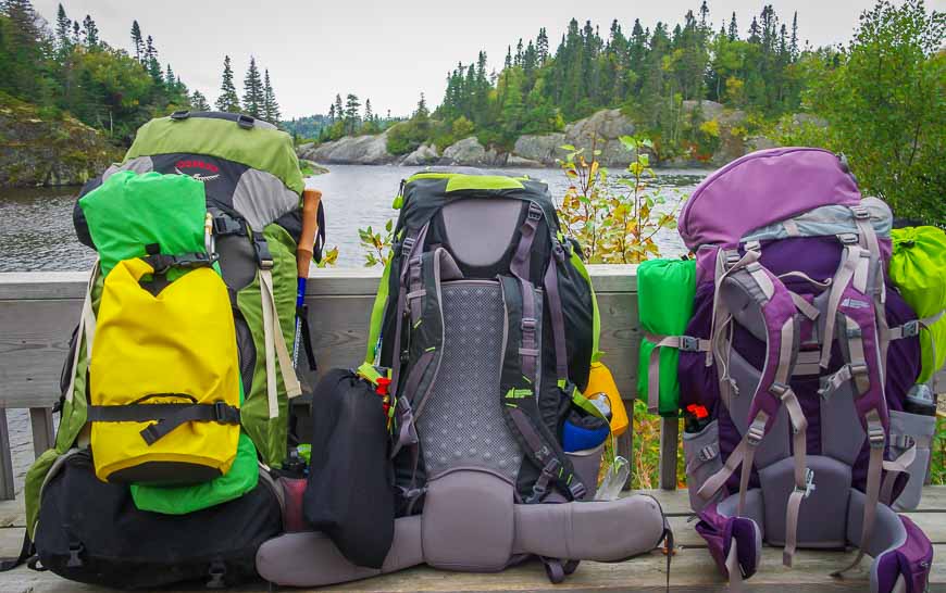 Three clean, organized backpacks at the start of the trip