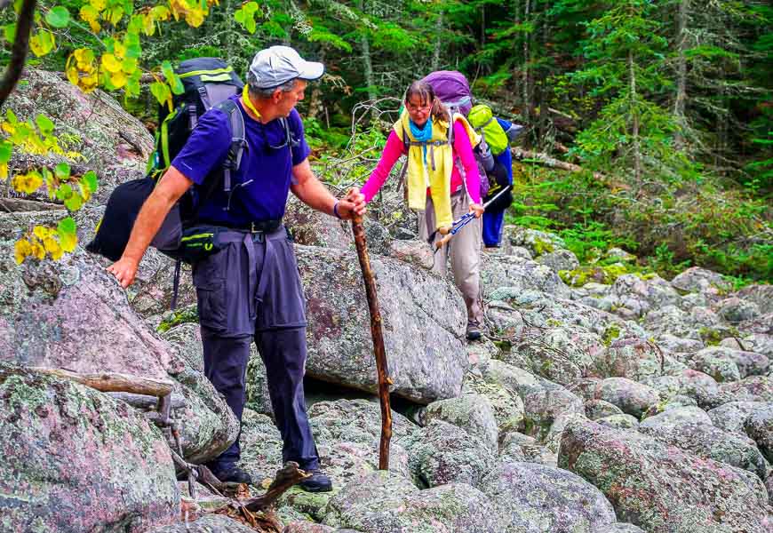 Slow going over slippery lichen covered rocks that were formerly on a lake bottom