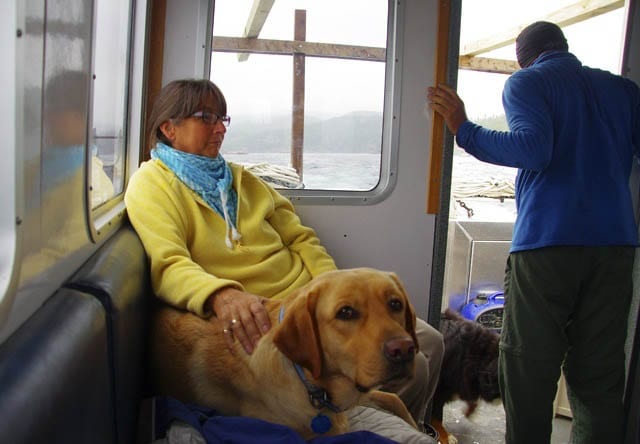 "Keeper the dog is less than impressed with the boat ride"