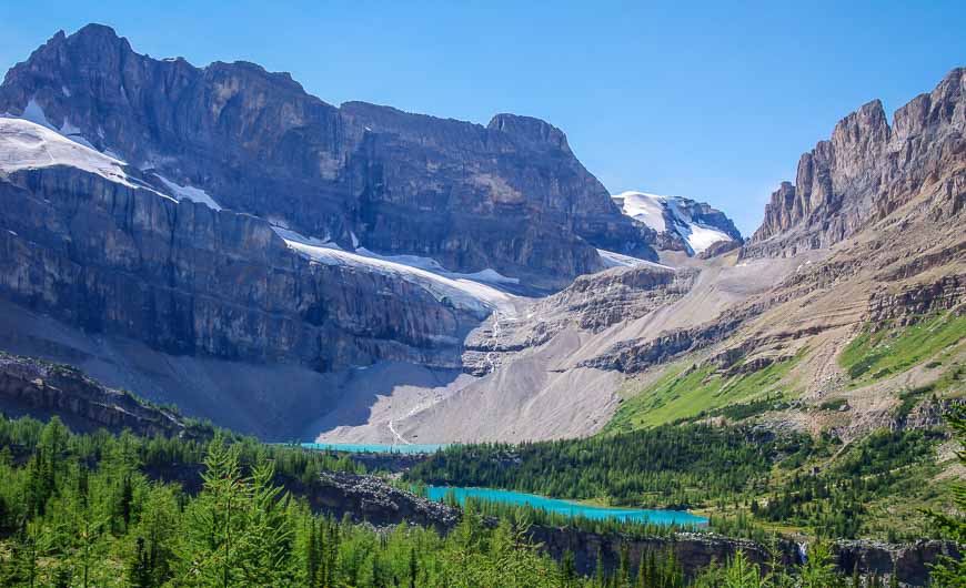 The turquoise coloured Skoki Lakes are off in the distance