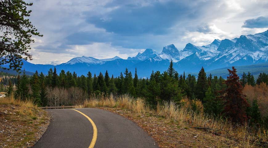 The Three Sisters mountain range as one approaches Canmore