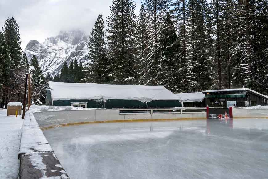 The skating rink in Curry Village - with a view of Half Dome on a clear day