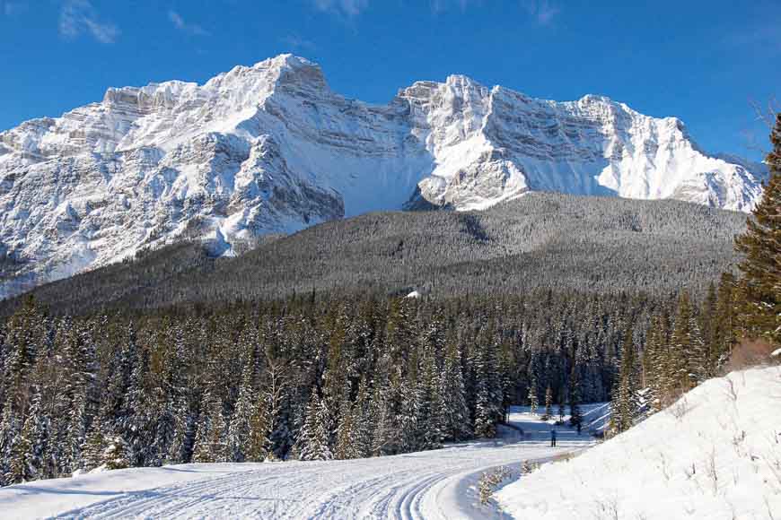 Starting up the Cascade Fire Road - one of the easy cross country ski trails in Banff