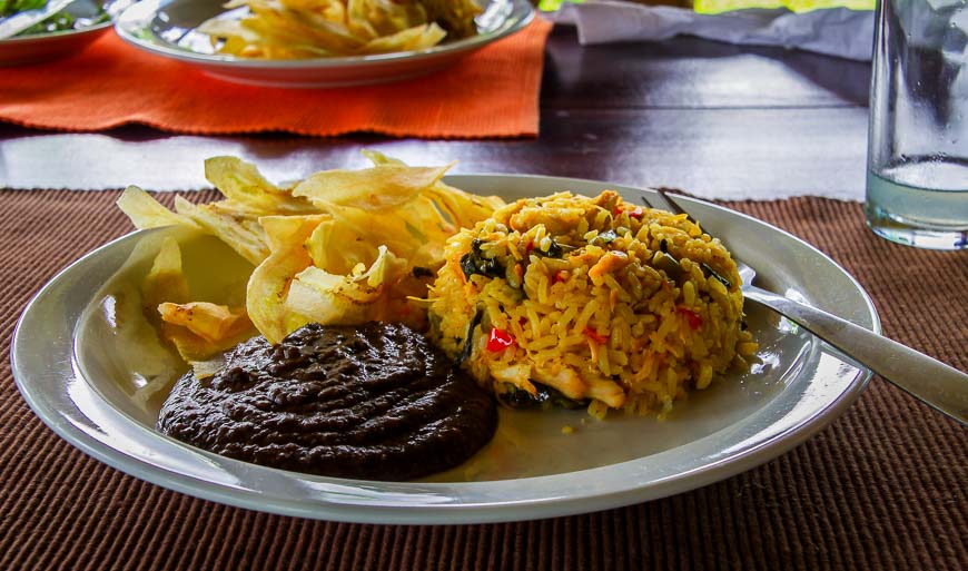 Lunch - with almost everything sourced locally including the plantain chips and black beans