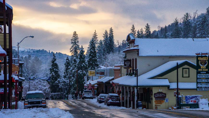 The main street in Mariposa California after a snowfall