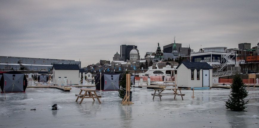 Ice fishing within sight of Old Montreal