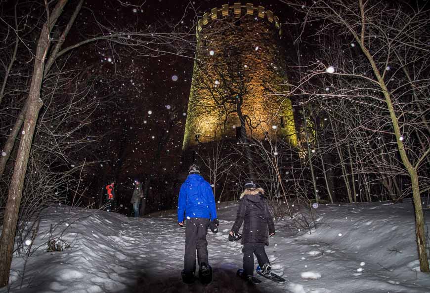 Night time snowshoeing to the Levi Tower in Jean Drapeau Park