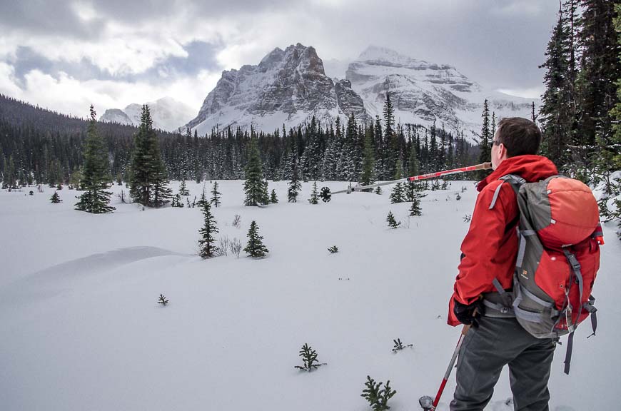 Pointing towards Haiduk Lake in Banff National Park