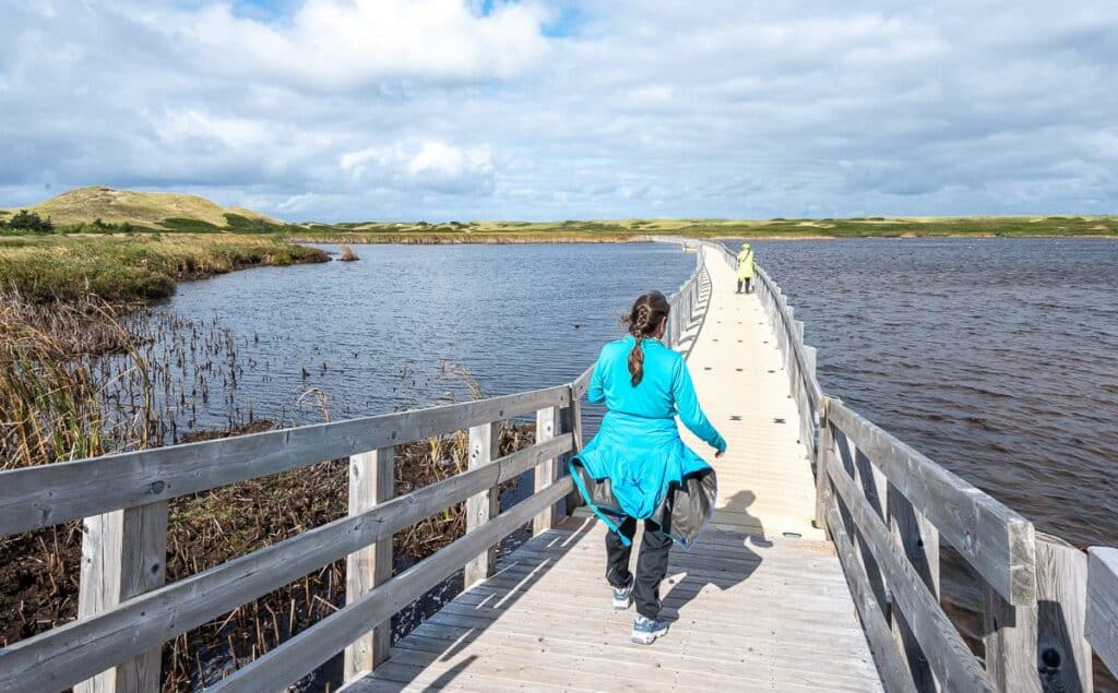 My friend Jo walking the floating boardwalk to Greenwich Beach in PEI National Park