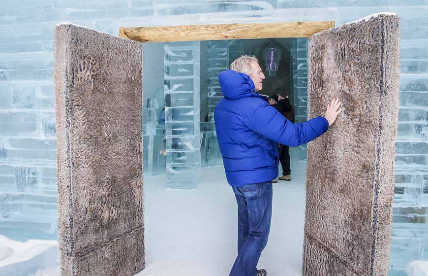 The doors to the Ice Hotel are covered in fur