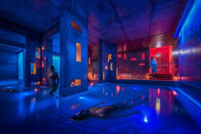 "The salt water floating pool at Nordik Spa in Chelsea, Quebec"